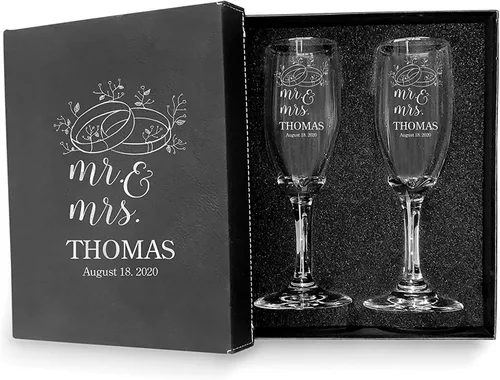 Vista 38 de Juego de 2 copas de champán personalizadas para boda grabadas con caja - Bride & Groom's Wedding Toast