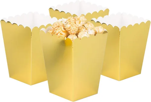 Vista 3 de Juego de 36 cajas doradas para palomitas de maíz, cajas de regalo de palomitas de maíz, contenedor de cartón abierto para suministros de fiesta