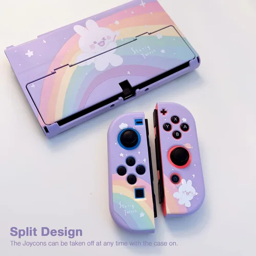 Vista 5 de Starry Forest Lindas fundas protectoras para Nintendo Switch OLED con fundas Joycon Stick, cubierta dura de plástico púrpura para consola Switch