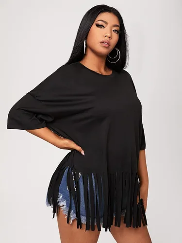 Vista 3 de SOLY HUX Camiseta casual de verano de media manga con dobladillo de flecos para mujer