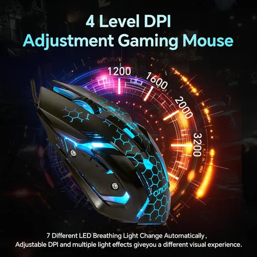 Vista 7 de CHONCHOW - Combo de Teclado y Ratón para Juegos, USB con Cable RGB Retroiluminado, Teclado Mecánico con Sensibilidad Anti-ghosting 3200DPI y Ratón