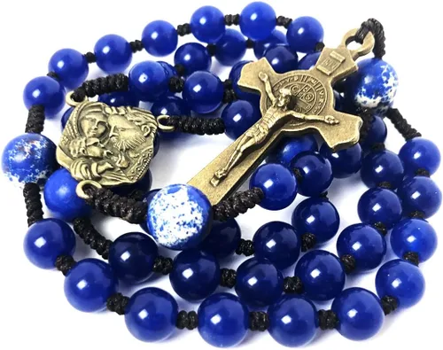 Vista 2 de Juego de pulseras de rosario y rosario de cordón de piedra arenisca y jade azul de santa familia - Pulsera de ojo de tigre para hombre - Rosario