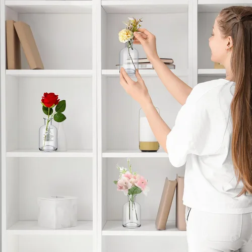 Vista 5 de Lallisa 54 piezas 8 centímetros Jarrones pequeños de vidrio en brote a granel, jarrones mini de flores para centros de mesa, botellas de vidrio