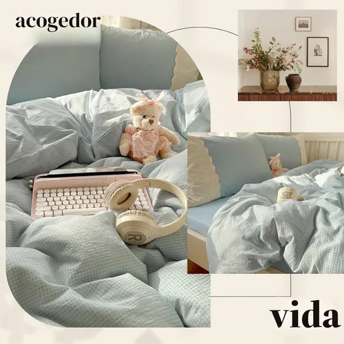 Vista 4 de VM VOUGEMARKET Funda de edredón de encaje tamaño individual, funda de edredón a cuadros azules con 2 fundas de almohada románticas de encaje, suave
