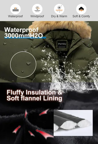 Vista 4 de Pursky Chaqueta de plumón impermeable para hombre, abrigos de invierno con capucha de piel para esquiar, parka con capucha de piel Verde militar