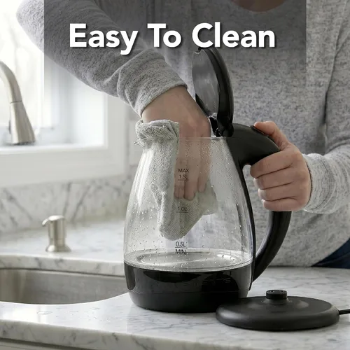 Vista 4 de OVENTE Hervidor eléctrico de vidrio de 1.5 L con luz LED azul, calentador de agua de encimera iluminado de 1100 W y caldera para café o té, apagado