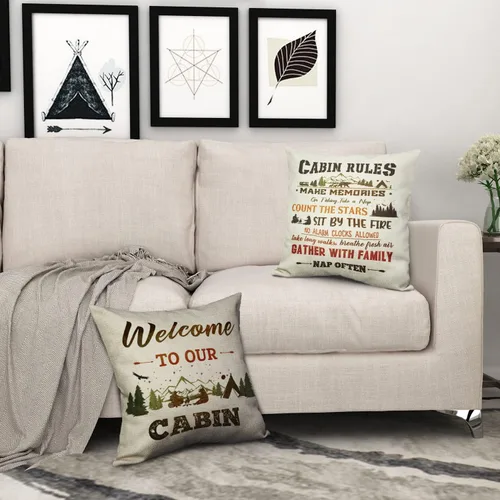 Vista 6 de Juego de 2 fundas de almohada decorativas retro con reglas de cabaña para sofá del hogar, 18 x 18 pulgadas
