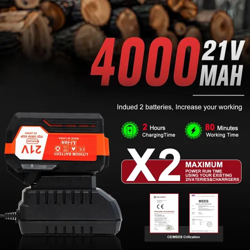 Vista 2 de OUTIGO Motosierra con batería, motosierra eléctrica de 8 pulgadas/12 pulgadas con 2 baterías de 21 V, con bloqueo de seguridad y motor fuerte