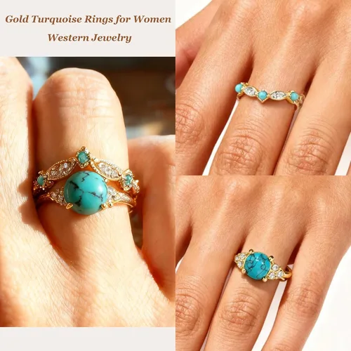 Vista 7 de Anillos gruesos dorados y turquesas apilables para mujeres, anillos para nudillos para el pulgar para mujer, diamantes de imitación vintage, joyería