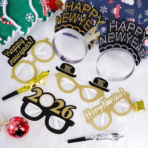 Vista 5 de obmwang 36 piezas de suministros para fiesta de Año Nuevo, incluyendo lentes de feliz año nuevo diadema y fabricantes de ruido metálico con flecos