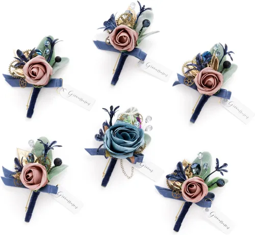 Vista 55 de Ling's Moment Boutonniere para Hombres Boda, Juego de 6, Novio y Padrinos Boutonniere para Boda Regreso a Casa Halloween Ceremonia Aniversario, Cena