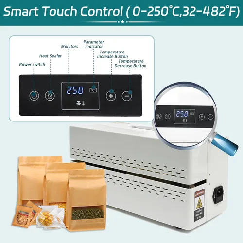 Vista 3 de Máquina de sellado térmico continuo, sellador automático de banda de bolsas de plástico comercial con control digital de 32.0-482.0 °F y apagado