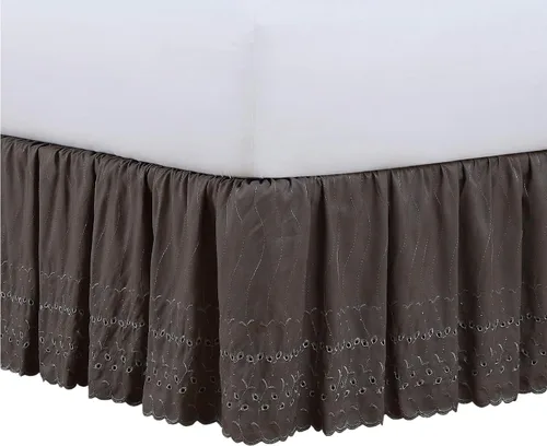 Vista 9 de Fresh Ideas Falda de cama con ojales, diseño con volantes, caída de 14 pulgadas, borde festoneado bordado, individual, marfil