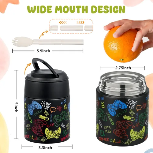 Vista 3 de Termo de sopa de 10 onzas para comida caliente para niños, recipiente de comida aislado con cuchara y boca ancha, acero inoxidable, a prueba