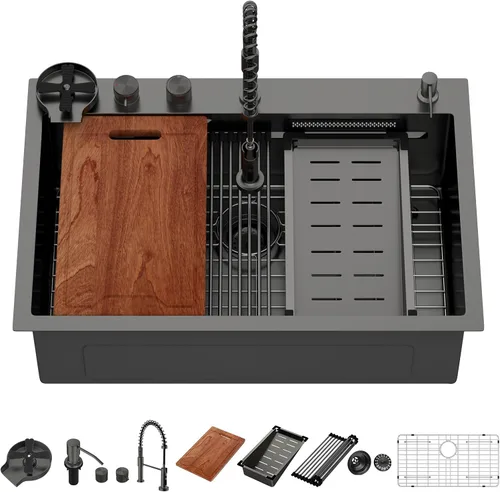 Vista 26 de Lordear - Fregadero de barra – Fregadero de barra dorado de 13 x 15 pulgadas con grifo dispensador de jabón, estación de trabajo, calibre 16 T304