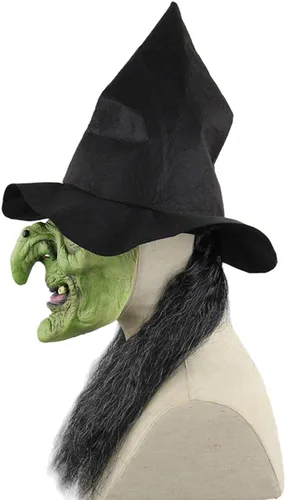 Vista 4 de XGOPTS Máscara de bruja vieja verde aterradora de Halloween con sombrero