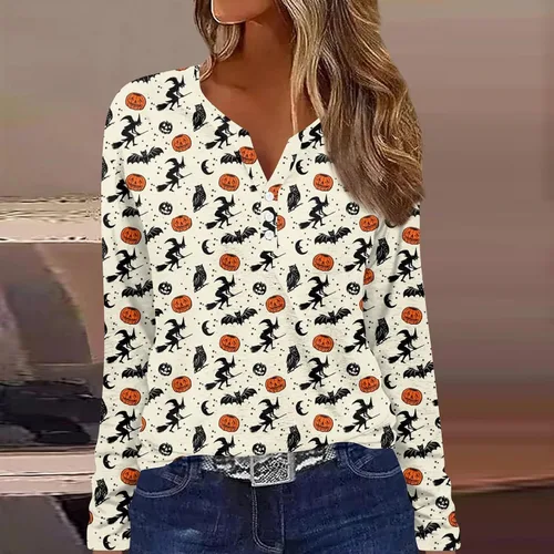 Vista 2 de YUTANRAL Camisetas de otoño 2023 para mujer, con cuello Henley, de manga larga, elegantes, informales, con estampado floral, básicas, túnica