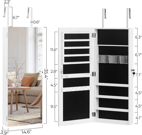Vista 4 de Knocbel Gabinete de joyería para colgar en la paredpuerta, organizador de joyas con cerradura con estante de 4 niveles, forro de terciopelo suave