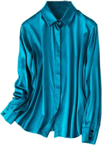 Vista 14 de Women's Satin Silk Buttons Down Long Sleeve Solid Dress Shirts Top Soft Blouse Collar Office Work