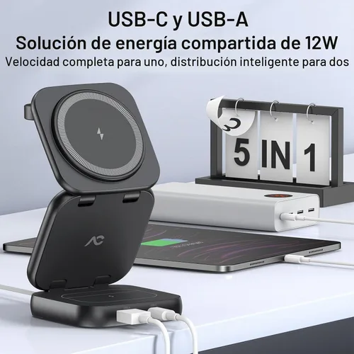 Vista 3 de Cargador inalámbrico 5 en 1 para MagSafe, estación de carga de viaje portátil AC ISLAND de 35 W, soporte magnético plegable rápido Qi2 de 35 W