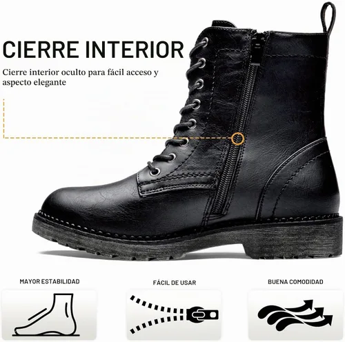 Vista 5 de Vepose Botas militares de combate para mujer, botas planas de tobillo en negro, con cremallera interior, estilo 925 Flat Short Round Toe Boots, Side