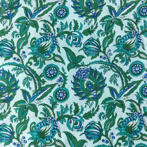 Vista 10 de AVKA Studio Tela de impresión en bloque a mano por yarda - PRECORTADA 1 yarda 42 pulgadas de ancho - Material 100% algodón - Patrón floral azul