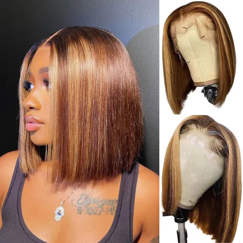Vista 30 de ALHER Short Bob Wig Human Hair Small Cap Lace Front Wigs Straight, 13X4 Transparent Lace Frontal Wigs 180% Density for Women, Natural Color, Cap