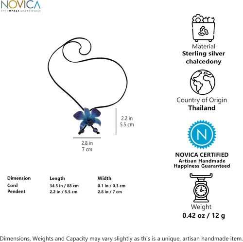 Vista 6 de NOVICA Collar largo artesanal hecho a mano de sodalita de orquídea natural, flor de lariat, hoja de cuero, azul Tailandia, floral 'azul medianoche