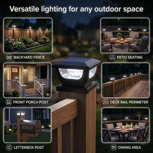 Vista 8 de FVTLED Paquete de 2 luces solares para tapa de poste, impermeables IP65 para exteriores, encendido/apagado automático, 120 lúmenes, 6500 K, blanco