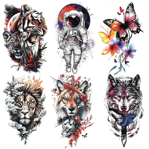 Vista 12 de 6 hojas de brazo falso impermeable cuerpo arte temporal tatuajes pegatinas negro japonés geisha samurai mujeres flor loto