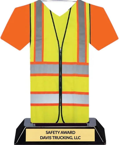 Vista 3 de Safety Vest Trophy, Custom Engraved Recognition Award, Black Green Gold, Acrylic, 7 Inch, Professional Achievement Trophy with Personalized Plate