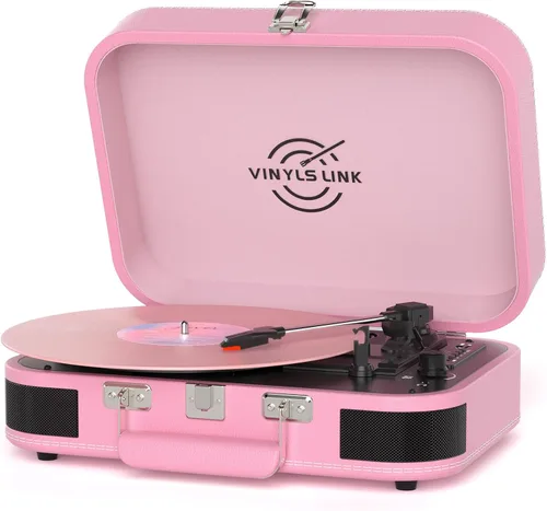 Vista 13 de VINYLS LINK Reproductor de discos de vinilo Bluetooth, tocadiscos de 3 velocidades con altavoces estéreo integrados, tocadiscos portátil de maleta