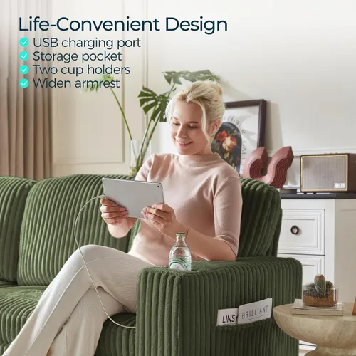 Vista 6 de LINSY HOME - Sofá seccional cama extraíble para sala de estar, sofá en forma de L de corduroy mullido con almacenamiento y carga USB, sofá seccional