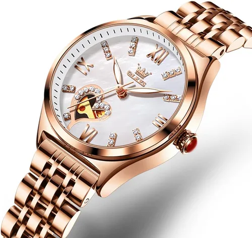 Vista 2 de OLEVS Reloj mecánico automático para mujer, correa de cuero, cuerda automática, reloj de pulsera para mujer, esfera de corazón de diamante