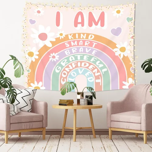 Vista 7 de Imirell Tapiz bohemio con citas positivas de arco iris, 59 pulgadas de ancho x 51 pulgadas de alto, palabras motivacionales inspiradoras para niños