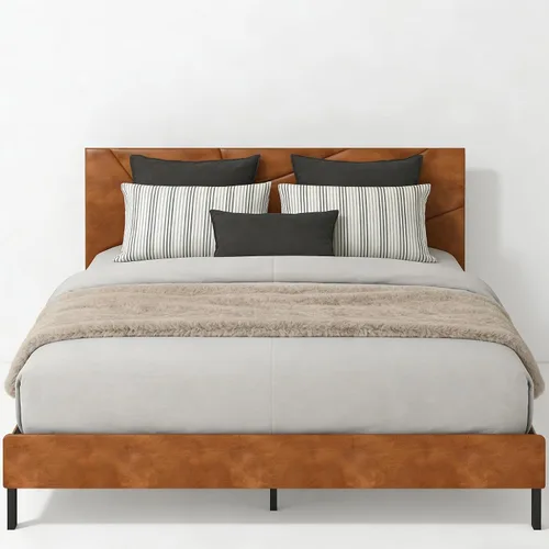 Vista 8 de Estructura de cama con plataforma tapizada de tamaño completo con cabecera acolchada de piel sintética, soporte de listones de metal resistente,