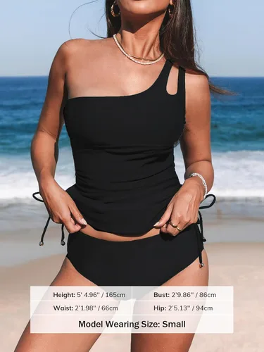 Vista 4 de CUPSHE Conjunto de tankini para mujer, traje de baño de dos piezas, control de abdomen, un hombro con cordón y parte inferior