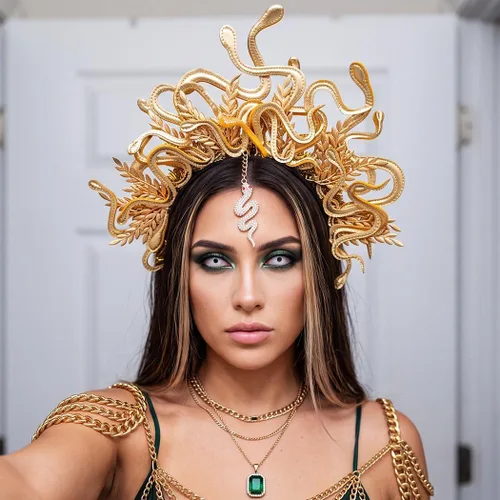 Vista 5 de GORTIN Medusa - Diadema de serpiente dorada para disfraz de Halloween, tocado de diosa griega, mascarada, cosplay, accesorios para el cabello