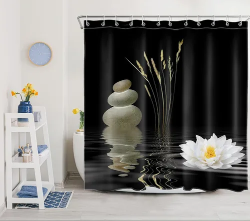 Vista 13 de LB Cortina de ducha asiática de piedra zen, cortina de ducha japonesa para baño, cortinas de baño de tela negra de 48 x 72 pulgadas con ganchos