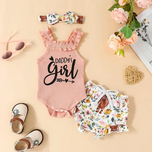 Vista 2 de Ropa para bebé niña Daddys Girls Ruffle Romper Top Manga Corta Body Floral Tutu Shorts Conjunto Recién Nacido Verano Traje