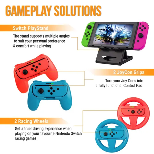 Vista 7 de Orzly Accessories Bundle Compatible with Nintendo Switch & OLED Case & Screen Protector, Joycon Grips & Racing Wheels, Controller Charge Dock