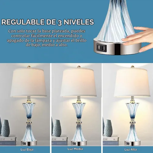 Vista 2 de Hamucd Juego de 2 lámparas de mesa táctiles regulables de 3 vías de vidrio para dormitorios con 2 puertos USB lámparas de noche costeras de playa