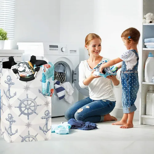 Vista 5 de visesunny Anchor and Rtimón - Cesta grande para ropa sucia con asa, plegable, duradera, bolsa de lavandería, contenedor de juguetes para baño
