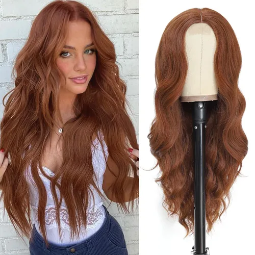 Vista 41 de NAYOO Peluca larga ondulada rubia ombré para mujer, de 26 pulgadas, parte media, rizada, ondulada, de aspecto natural, fibra sintética resistente al