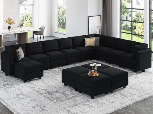 Vista 11 de Belffin Sofá modular modular con asiento de almacenamiento, sofá en forma de U de gran tamaño, sofá modular de terciopelo con terciopelo otomano