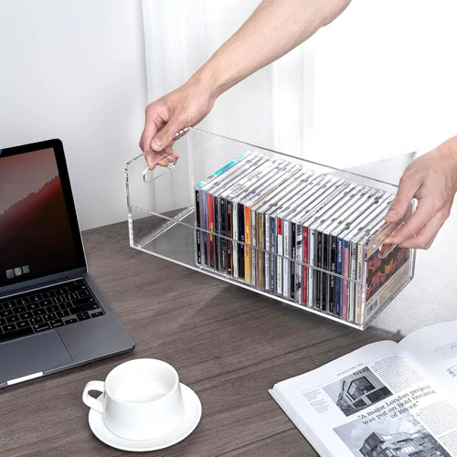 Vista 9 de MyGift Soporte rack moderno premium de CD apilable de acrílico transparente con asas de transporte recortadas, caja de exhibición para estuches