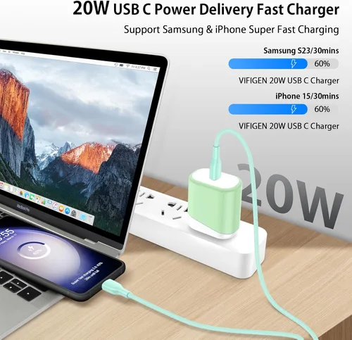 Vista 2 de Cargador rápido de iPhone 16e para iPhone 17 Air 16 Pro Max/16 Pro/16 Plus/16/15, iPad Pro Air Mini, cable de carga USB C a C de 6 pies para Samsung