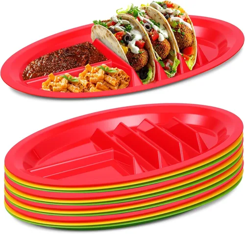 Vista 7 de Paquete de 12 platos coloridos de plástico para tacos, soporte reutilizable para tacos con divisores para 3 tacos y 2 áreas de inmersión, sin BPA