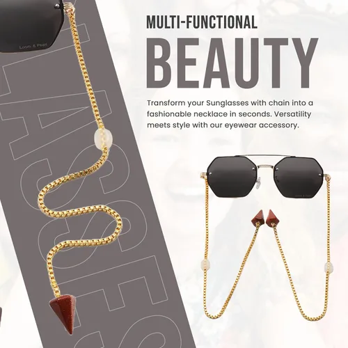 Vista 4 de Loom&Pearl Gafas de sol con patillas de cadena, colgantes de piedra únicos, lentes de cadena con agarre antideslizante en las orejas Pince-nez
