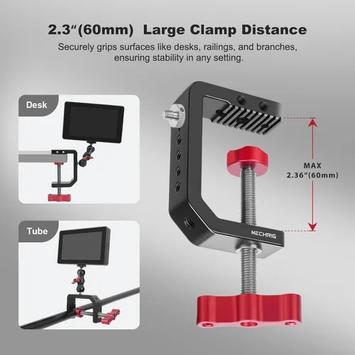 Vista 3 de Soporte para cámara de escritorio con abrazadera C, abrazadera en C de mesa de aluminio con rosca de 1/4 de pulgada 3/8 pulgadas, soporte DSLR